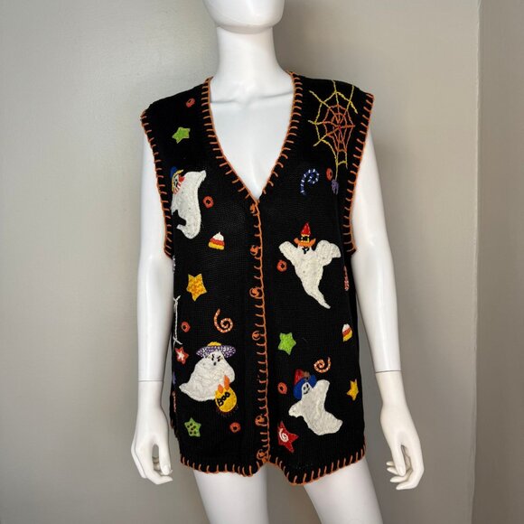 Vintage Y2K Halloween Sweater Vest Cardigan, Tiara International Size XL, 2002 - Picture 1 of 9
